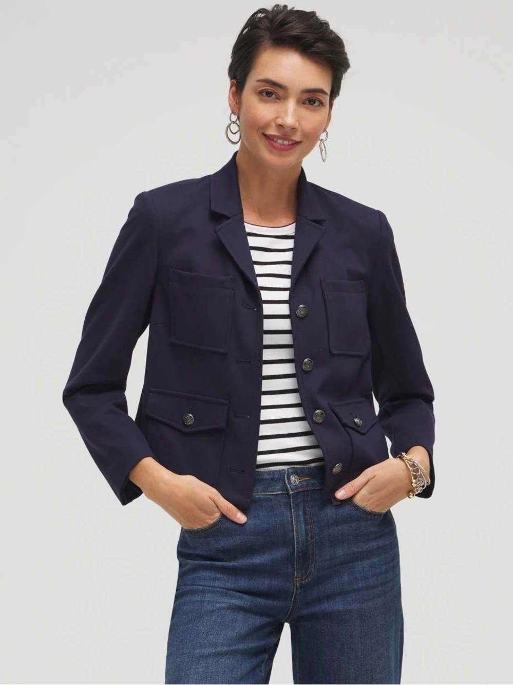Chico’s Ponte Cropped Jacket Blazer Long Sleeve Size 8 in Ink Navy Blue